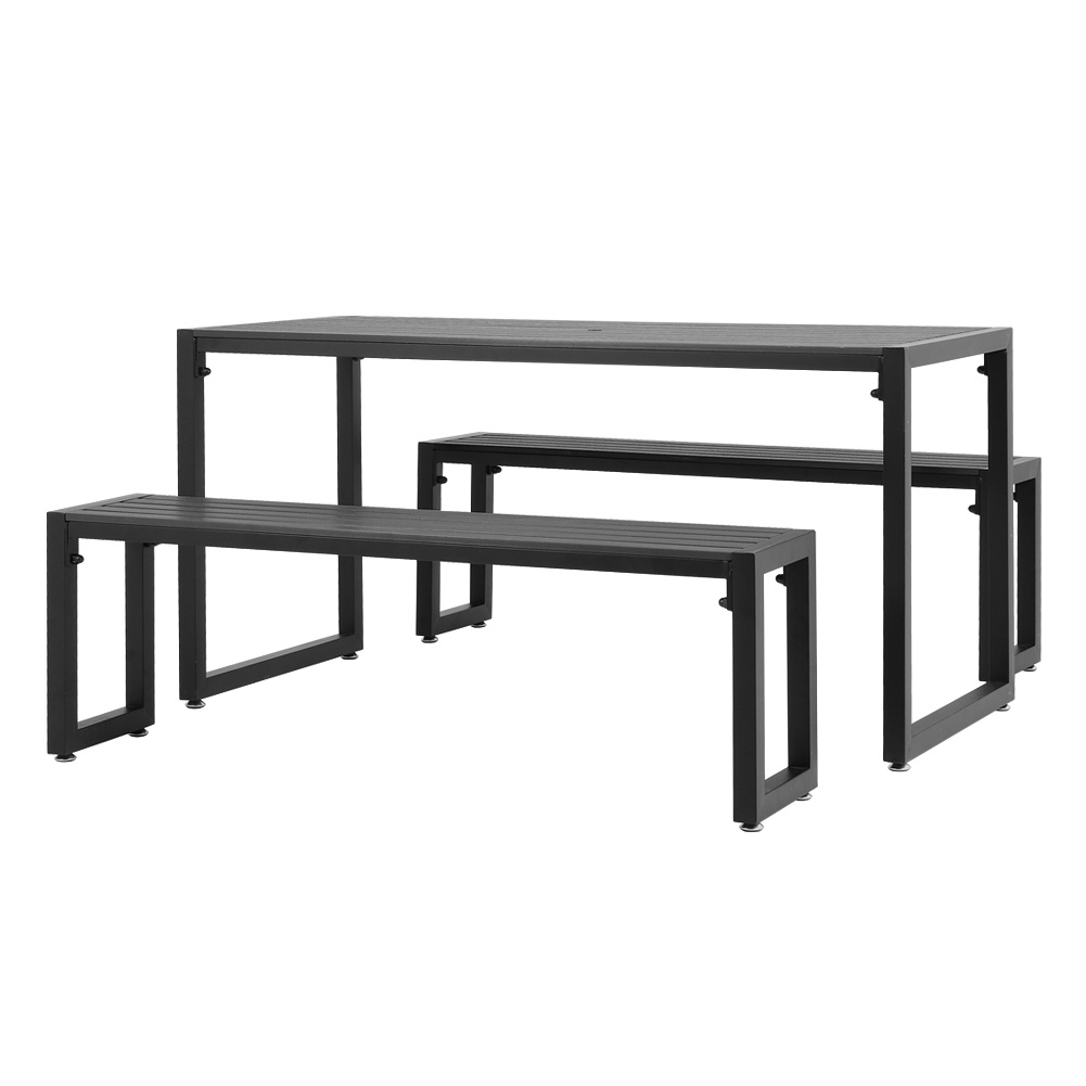 Outdoor Wooden and Metallic Dining Table with parasol hole and Benches Set - Daily Deals