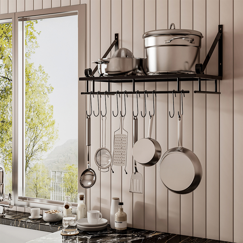 Wall Mounted Kitchen Metal Shelves Hanging Pot Rack with 10 Hooks 45X24CM - Daily Deals