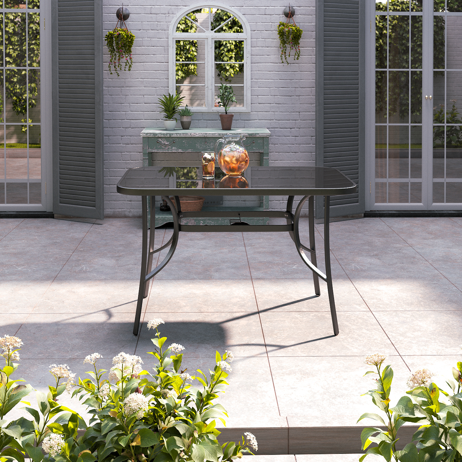 Metallic and Tempered Glass Garden Table with Parasol Hole Outdoor - Daily Deals