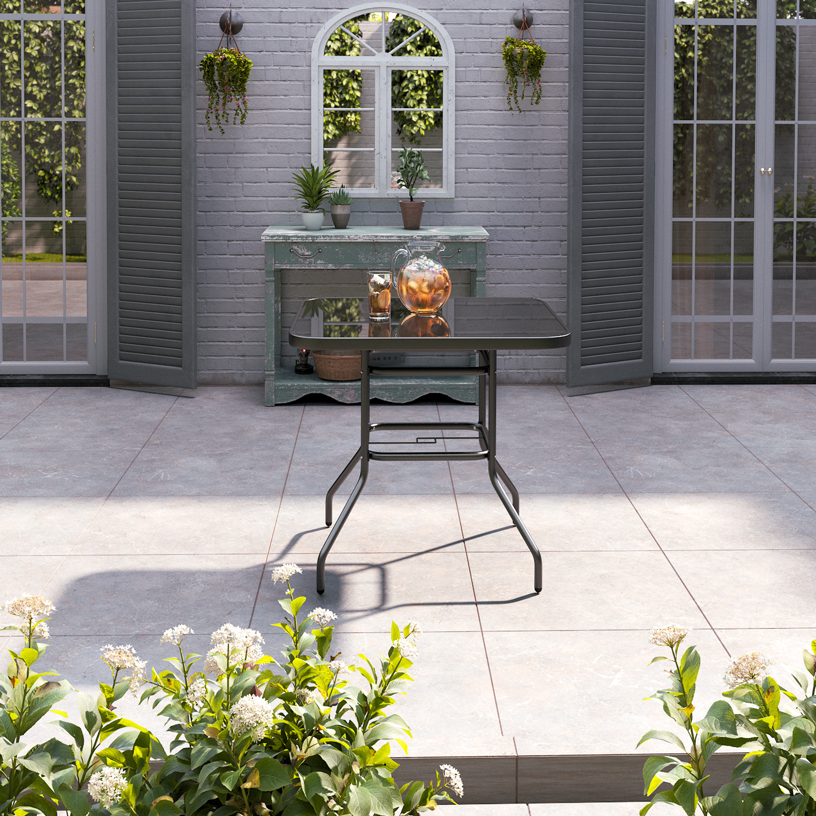 Metallic and Tempered Glass Garden Table with Parasol Hole Outdoor - Daily Deals