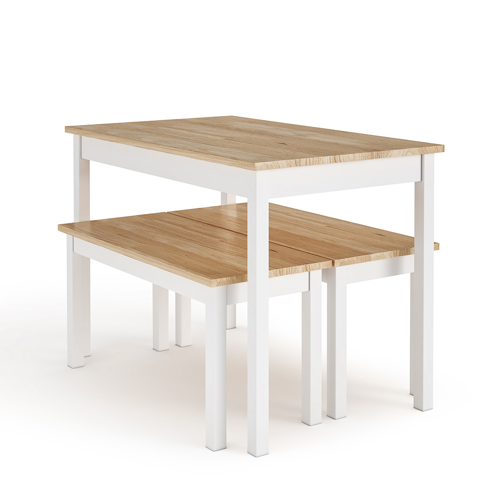 White Modern Solid Wood Dining Table Set With 2 Benches