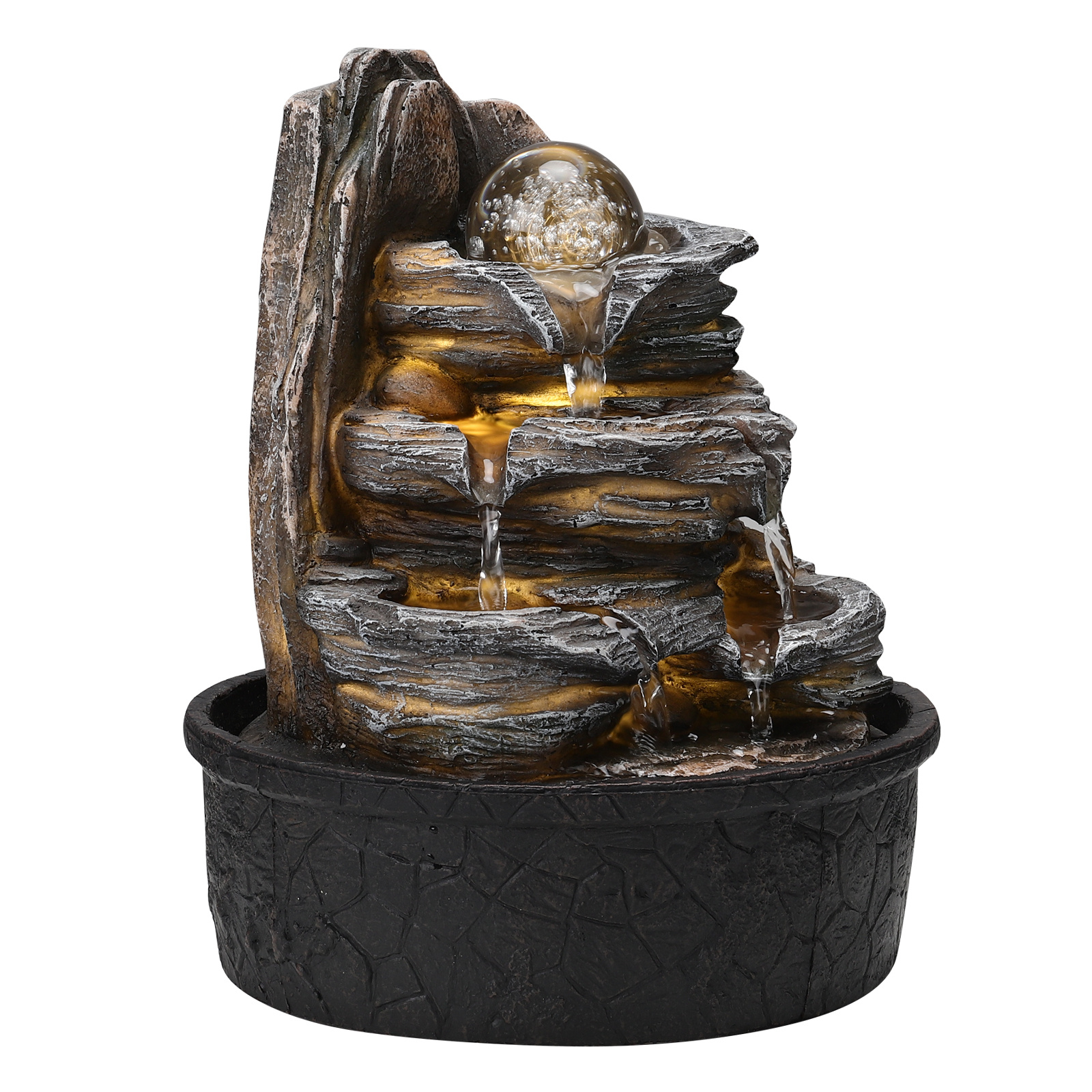 Tiered Rock Cascading Tabletop Water Fountain with LED Crystal Ball, Black - Daily Deals