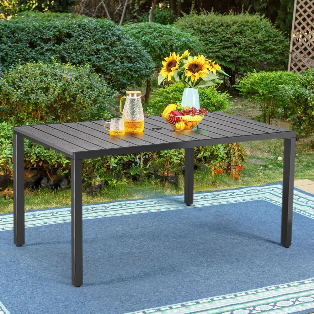 150cm Wood Effect Garden Dining Table with Parasol Hole, Grey - Daily Deals