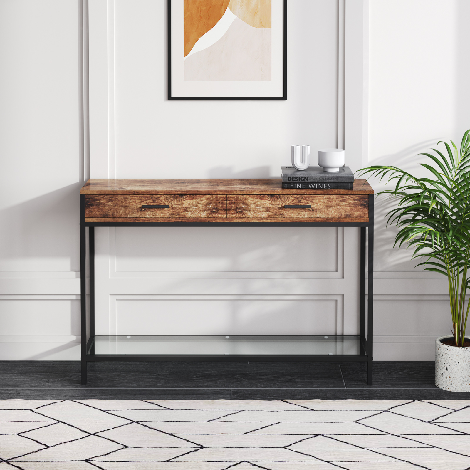 2 Drawers Console Table Storage Stand With Glass Shelf - Daily Deals