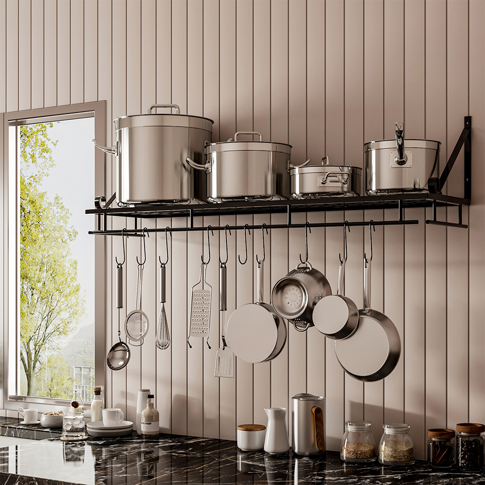 Wall Mounted Kitchen Metal Shelves Hanging Pot Rack with 10 Hooks 90X24CM - Daily Deals