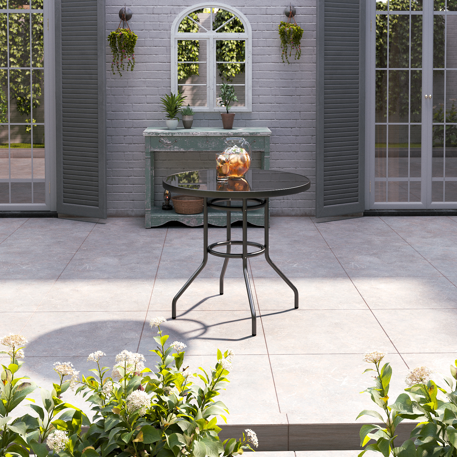 Metallic and Tempered Glass Garden Table with Parasol Hole Outdoor - Daily Deals