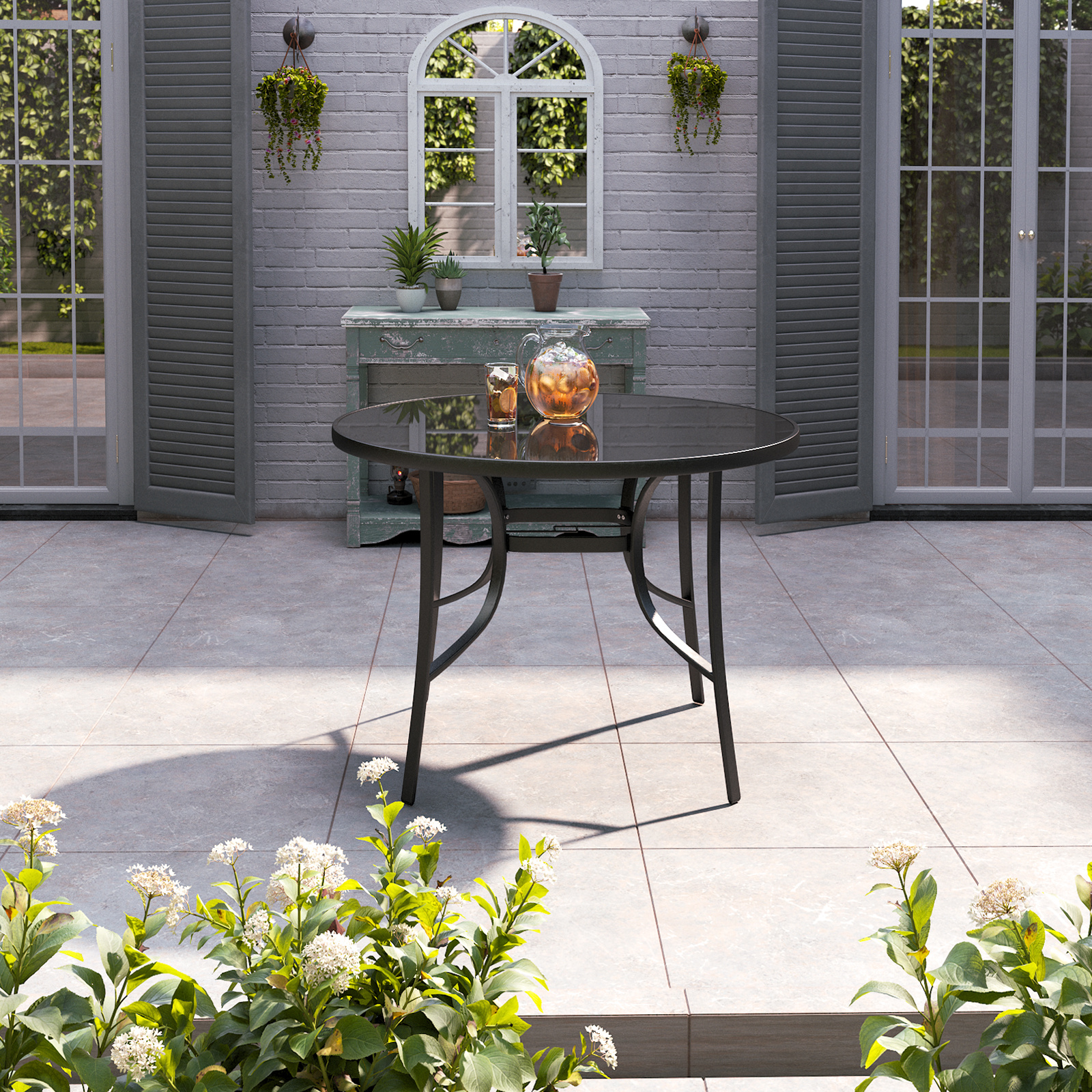 Metallic and Tempered Glass Garden Table with Parasol Hole Outdoor - Daily Deals