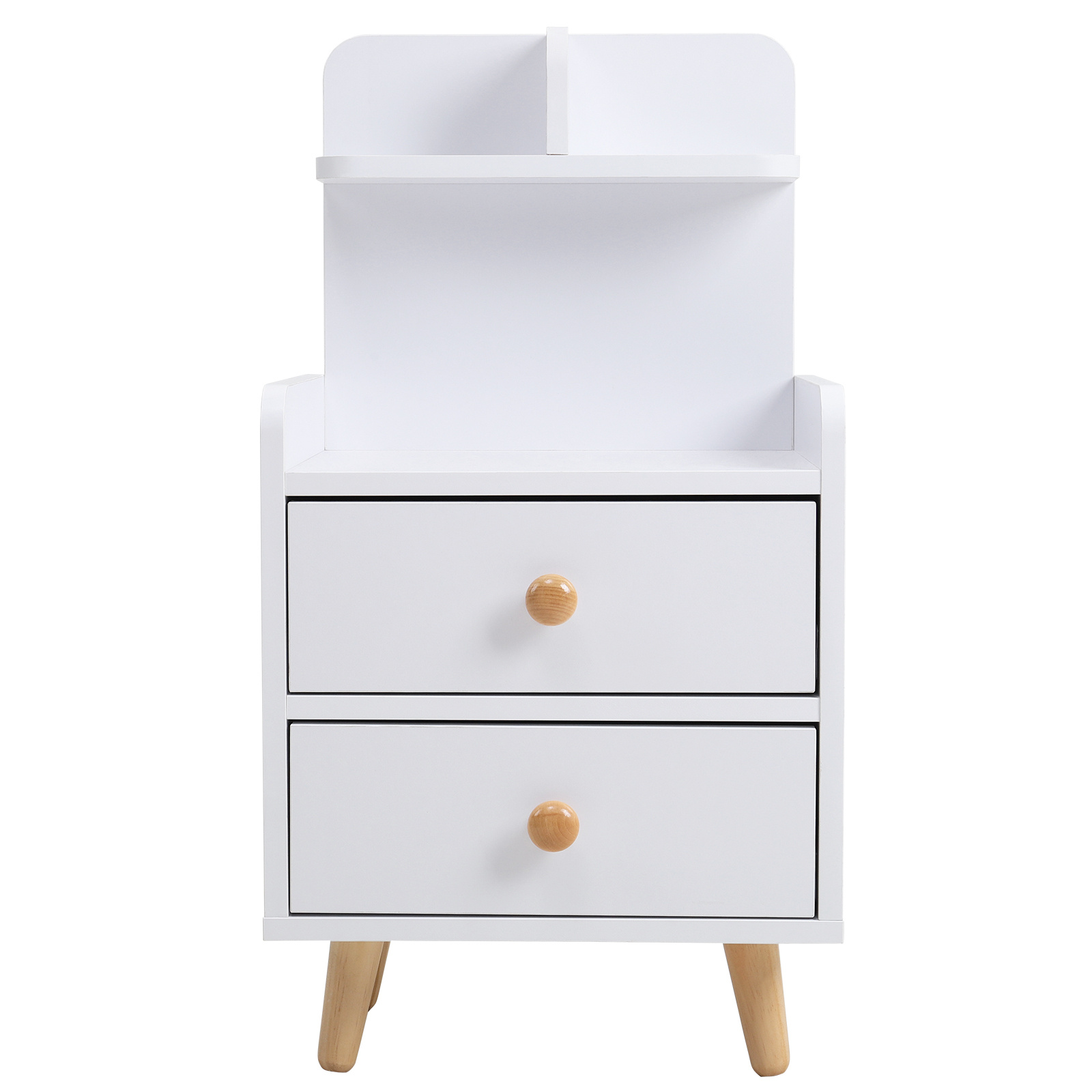 Wooden 2-Drawer Bedside Table Nightstand with a Shelf and Wooden Legs, White - Daily Deals
