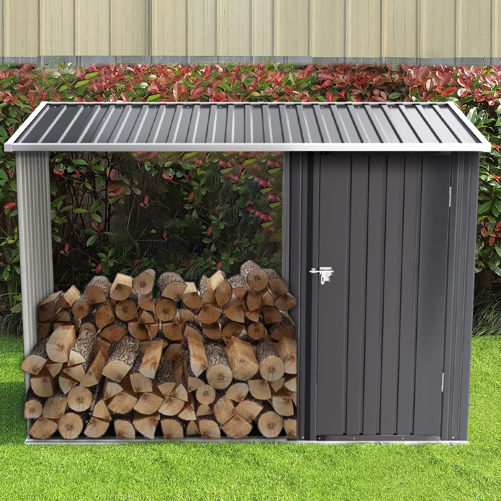 Steel Outdoor Garden Storage Shed with Log Stacking Rack