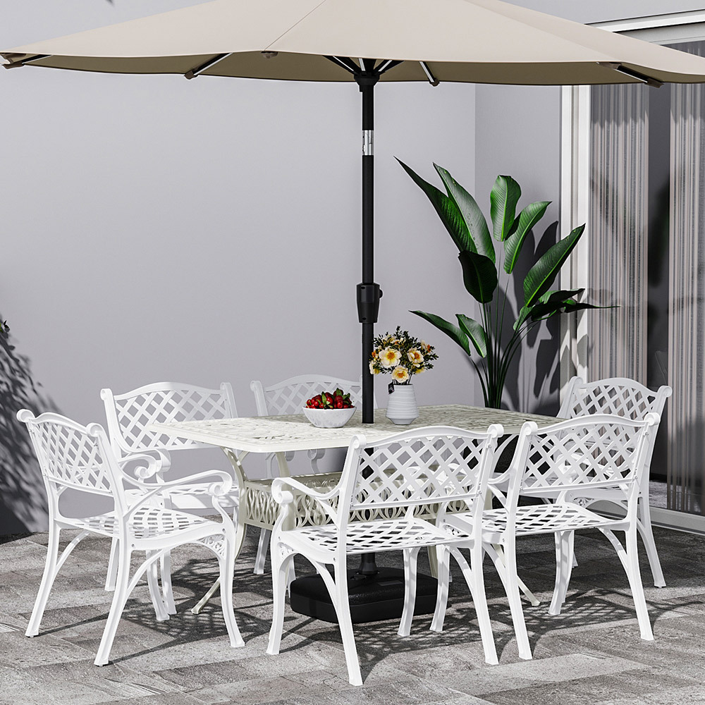 White Set of 7 Retro Garden Bistro Set Cast Aluminum with Cushions - Daily Deals