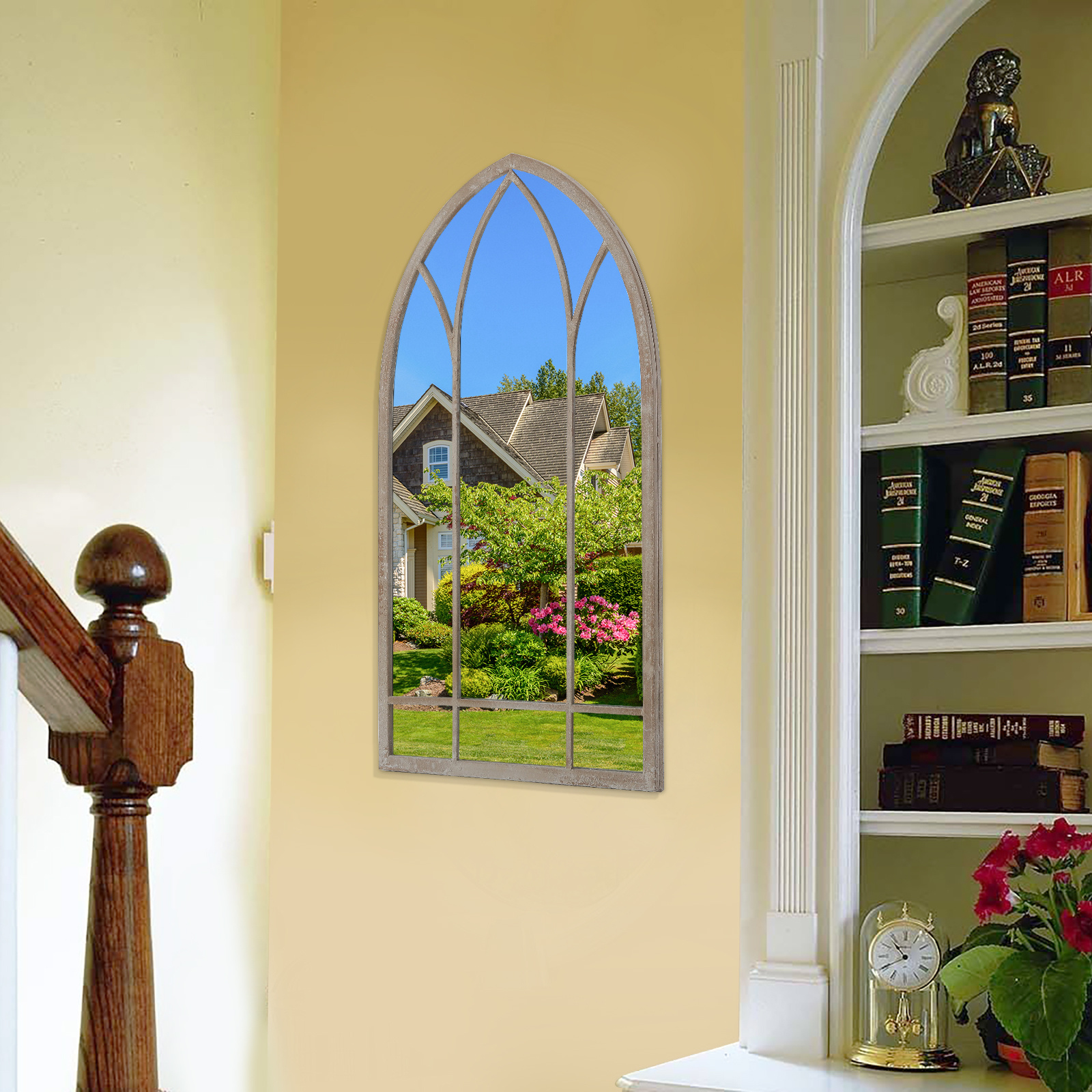 Decorative Metal Arched Garden Window Mirror, Brown - Daily Deals