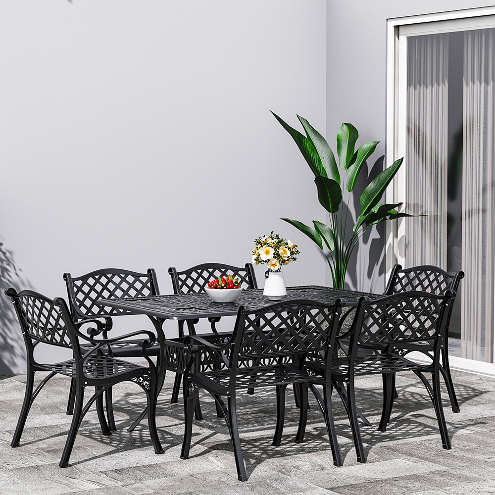 Black Set of 7 Retro Garden Bistro Set Cast Aluminum with Cushions - Daily Deals