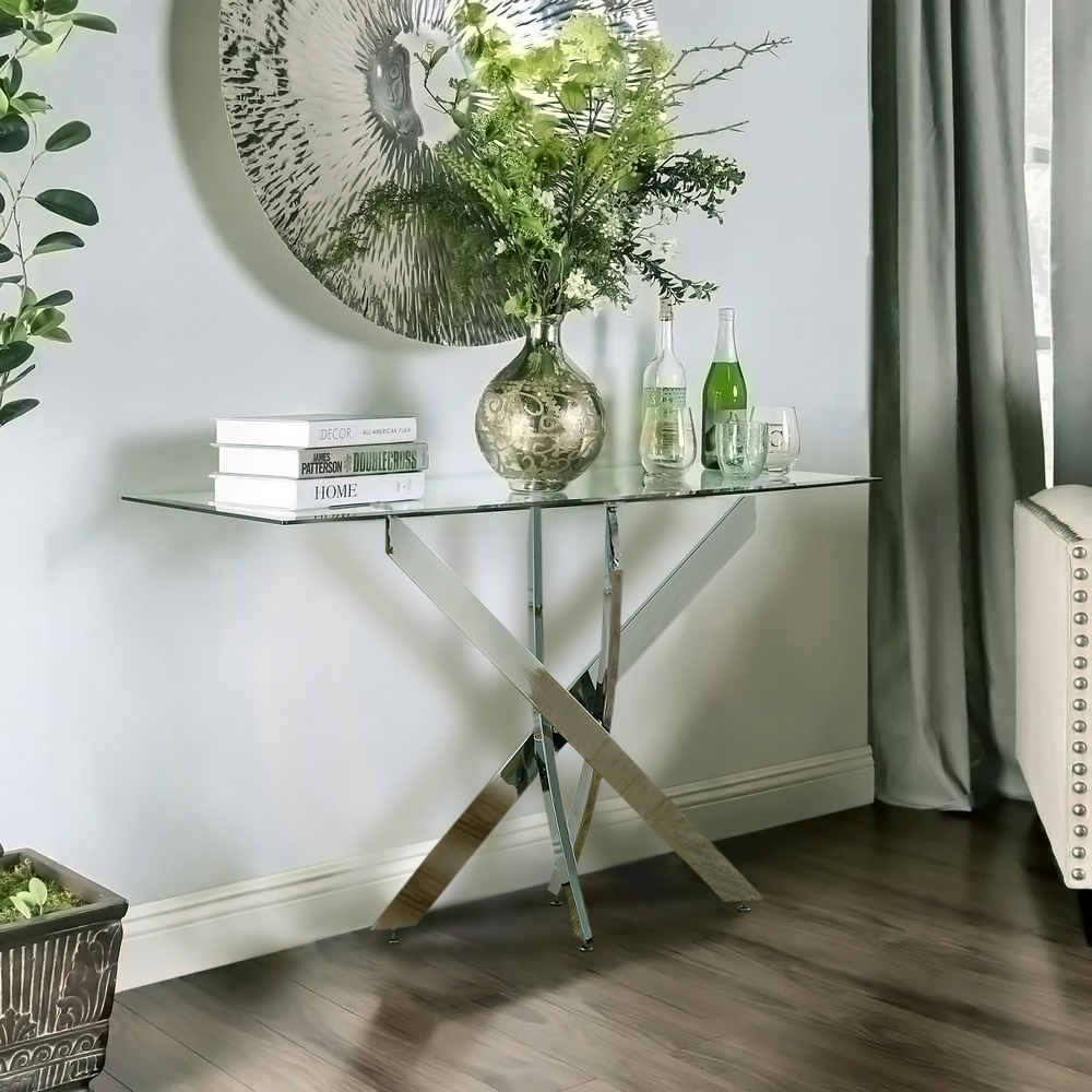 X Base Modern and Futuristic Clear Glass Top Coffee End Table - Daily Deals