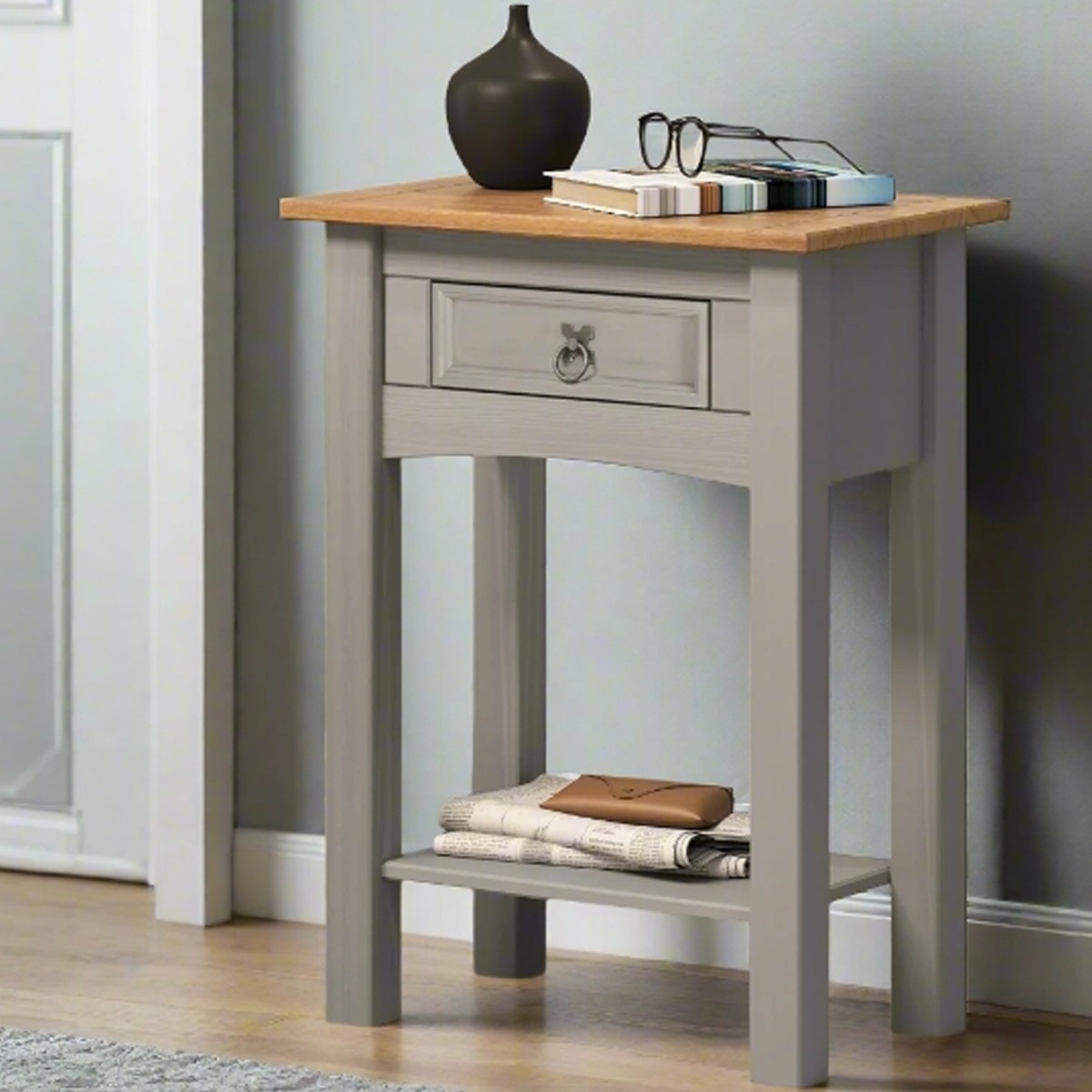 MORVANE Side Table Wax Pine with Metal Fittings - Grey - The Urban Forge