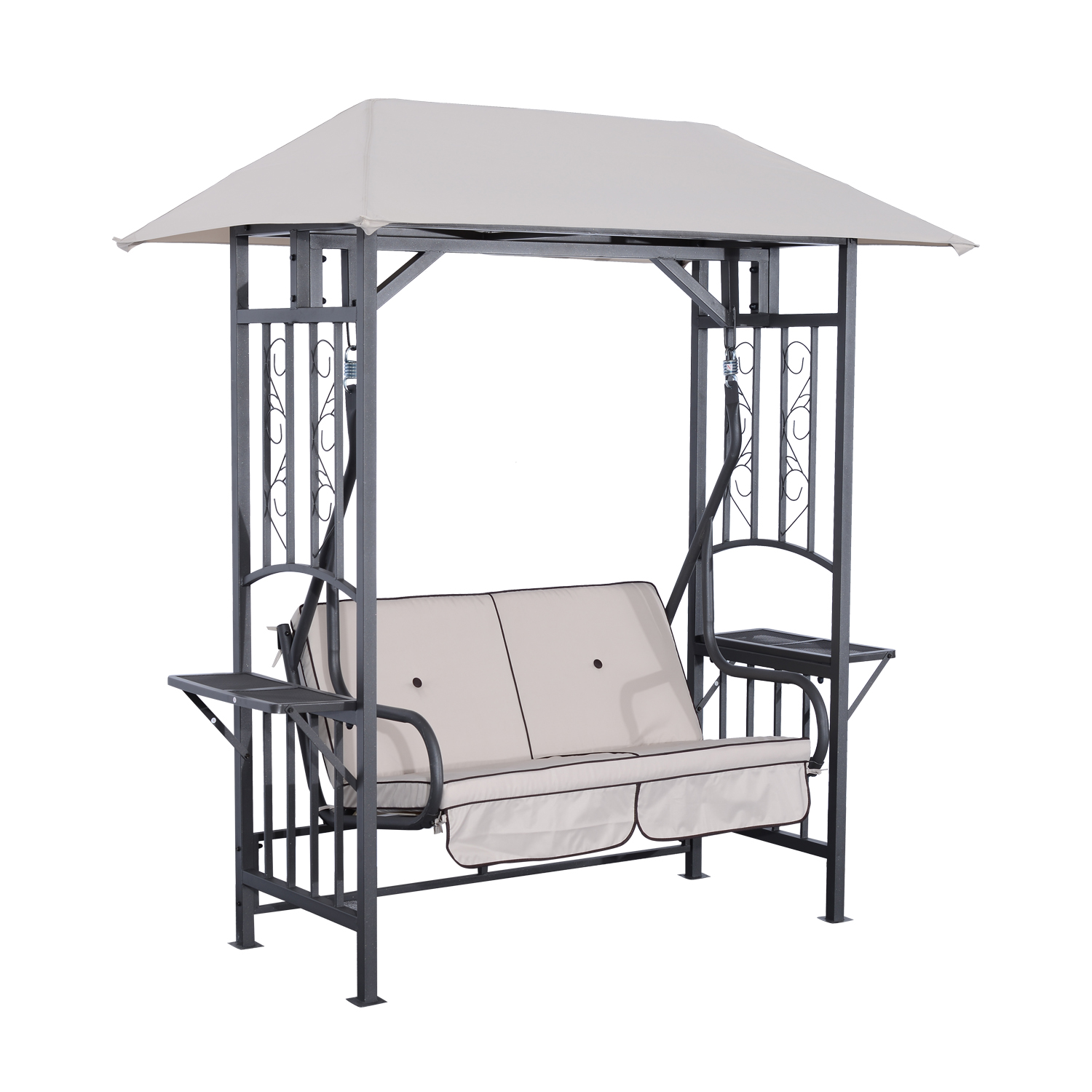 Outdoor Garden 2 Seater Canopy Swing Chair Seat Porch Loveseat Vintage Hammock Cushioned Seat w/ and Side Drink Panel - Life Essentials