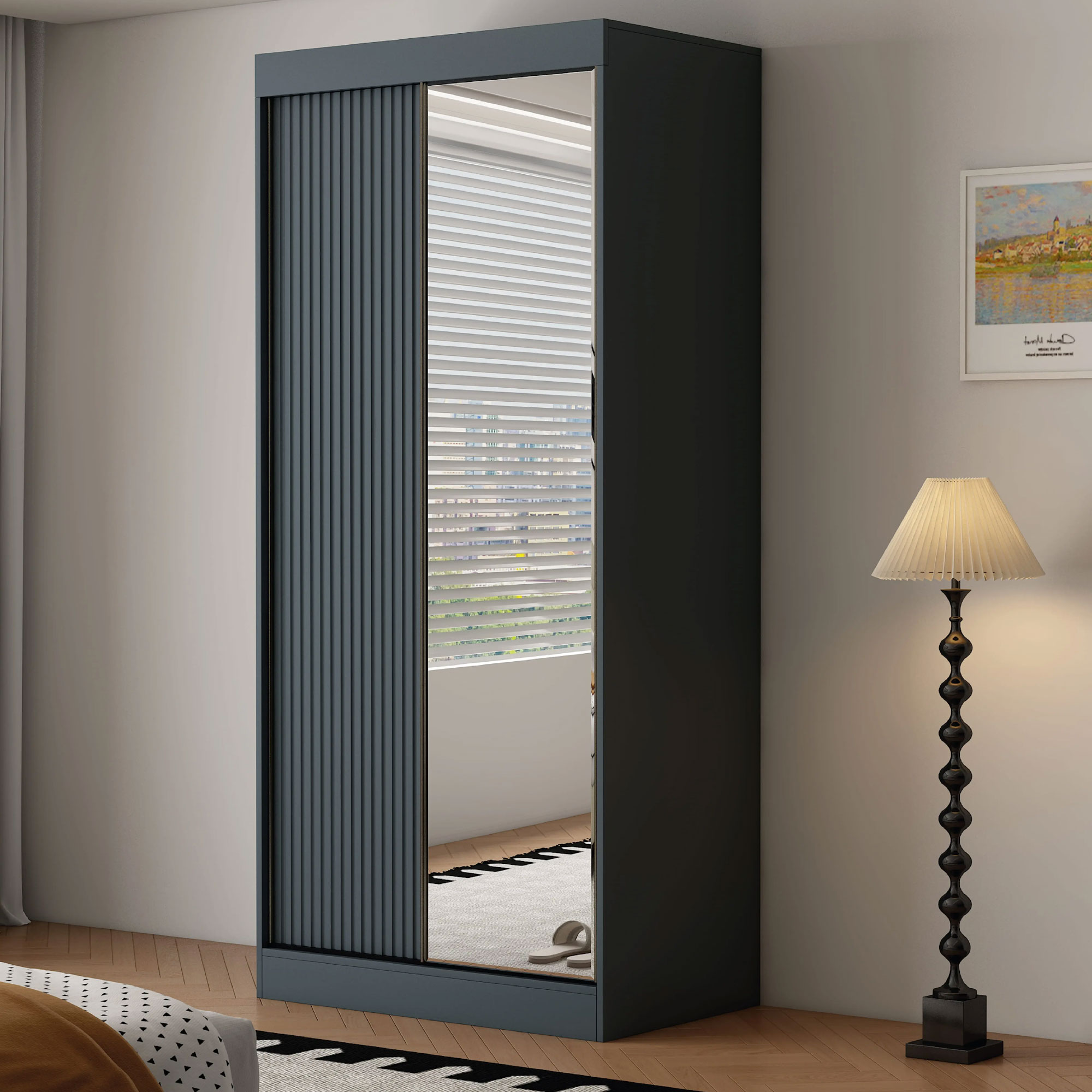 VIENNA 2 Door Mirrored Sliding Wardrobe Dark Grey - 100cm