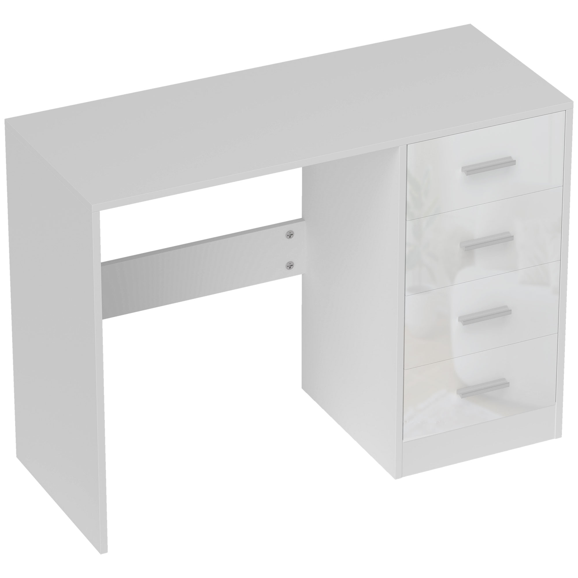 Computer Writing Desk with 4 Drawers, High Gloss Home Office Workstation, White - Life Essentials