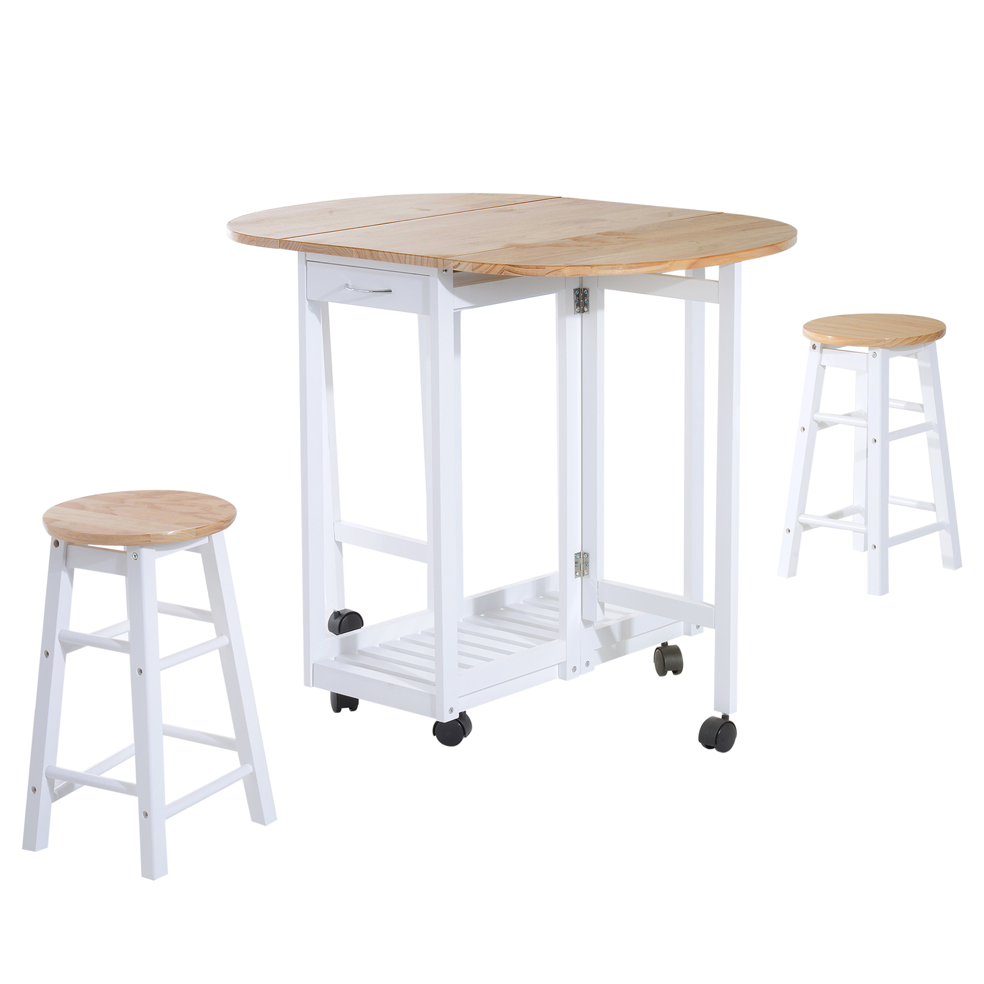 3PC Wooden Kitchen Cart Mobile Rolling Trolley Folding Bar Table Two Stools Dining Chair Storage Shelf w/2 Drawers & 6 Wheels - Life Essentials