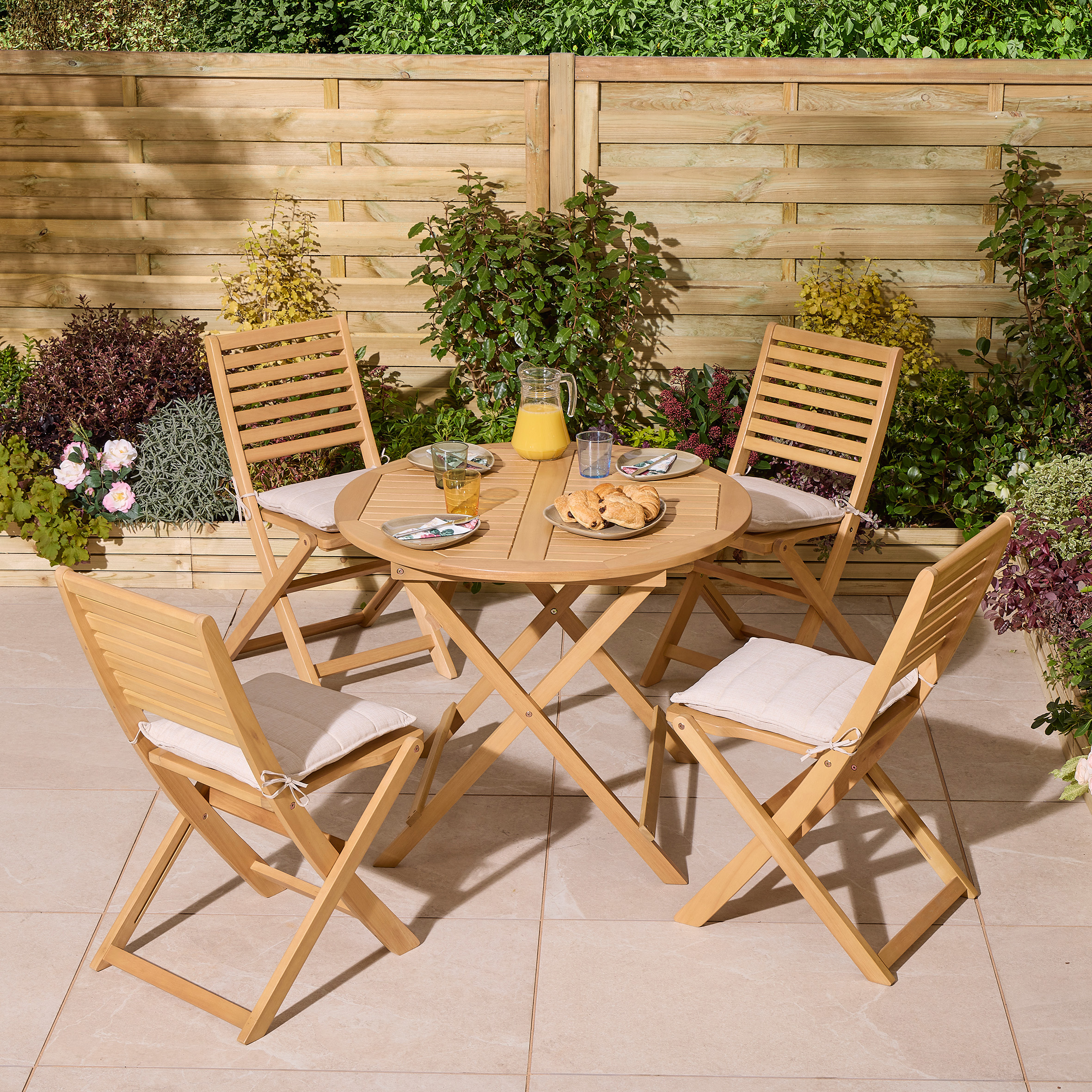 OXRYN Garden 4 Seater Round Table and Chair Set - Oak Finish - Etta Gardens