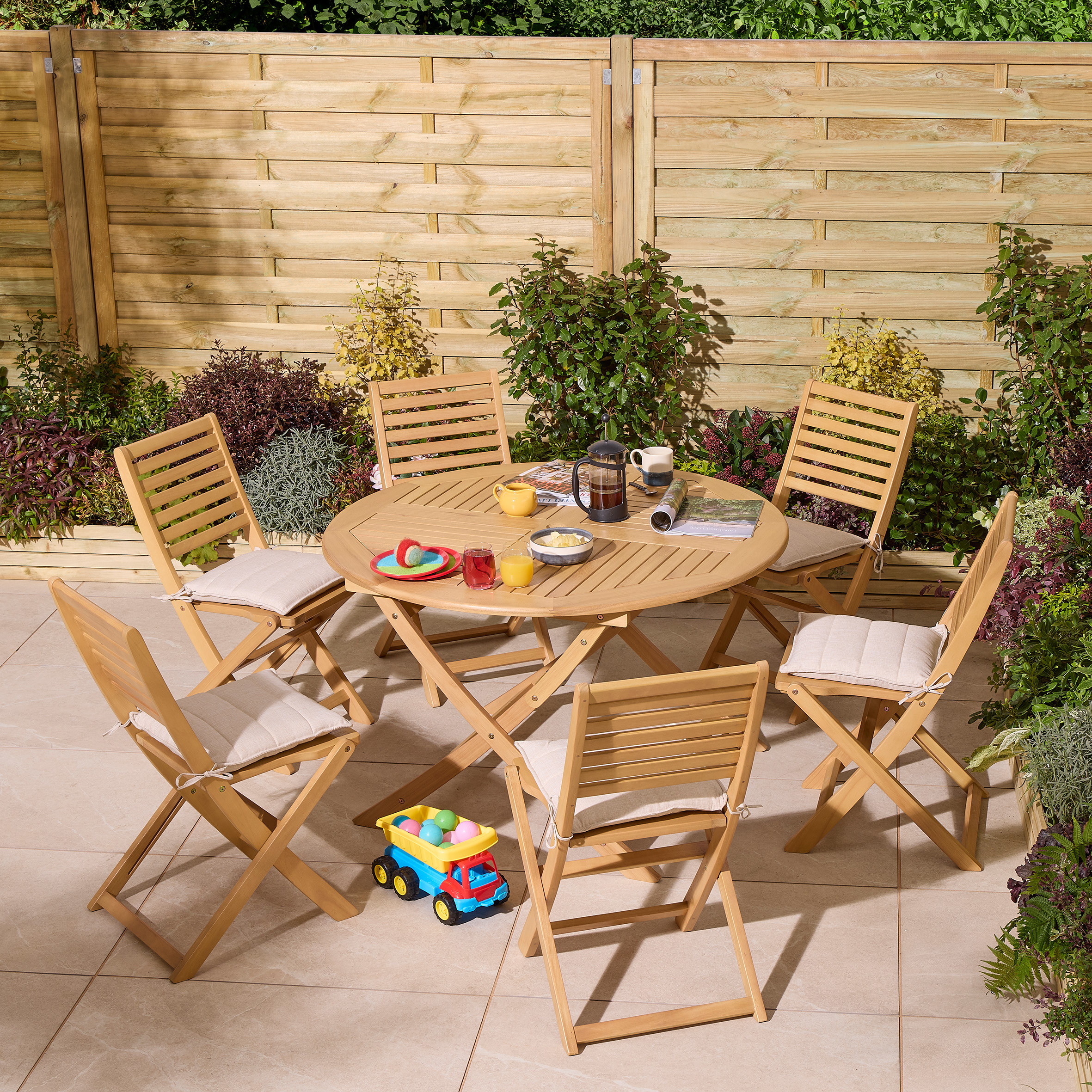 OXRYN Garden 6 Seater Round Table and Chair Set - Oak Finish - Etta Gardens