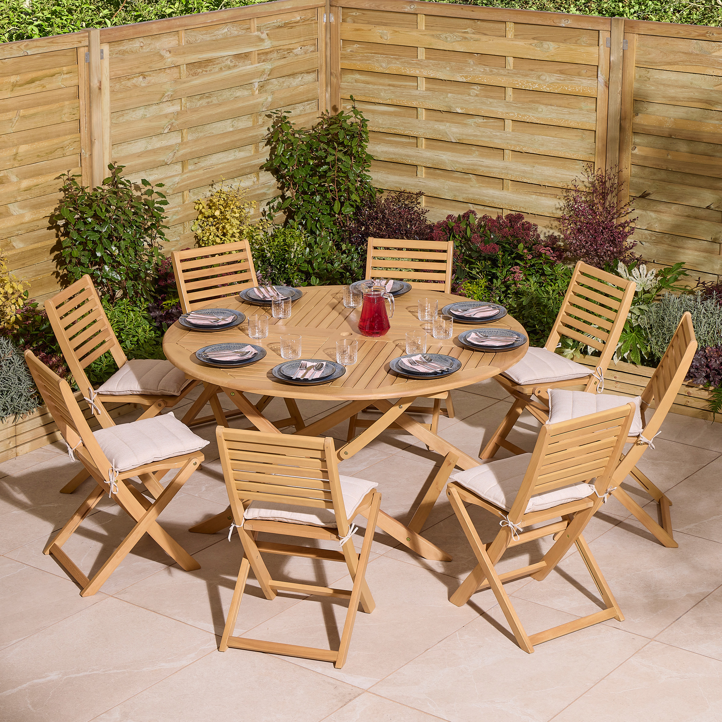 OXRYN Garden 8 Seater Round Table and Chair Set - Oak Finish - Etta Gardens