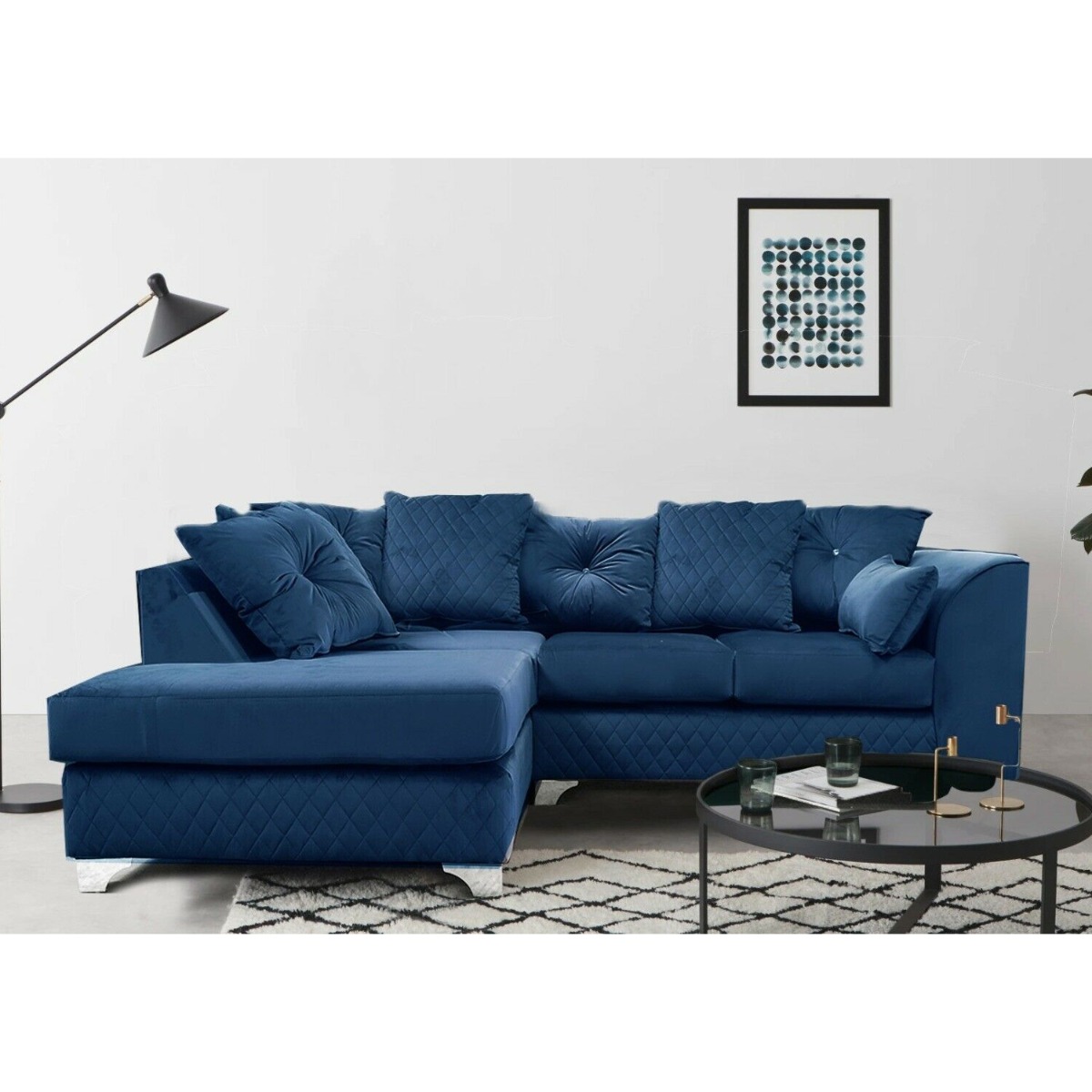 VICTORIA Plush Velvet 4 Seater L Shaped - Left Hand Facing Corner Sofa - Blue - Steve and Co Mills