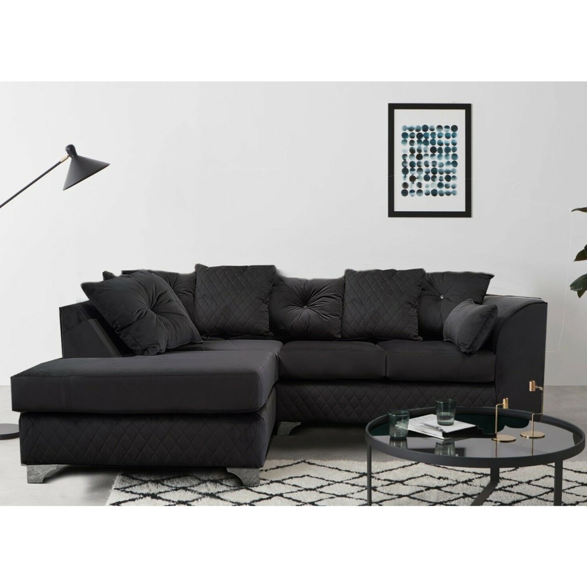 VICTORIA Plush Velvet 4 Seater L Shaped - Left Hand Facing Corner Sofa - Black - Steve and Co Mills
