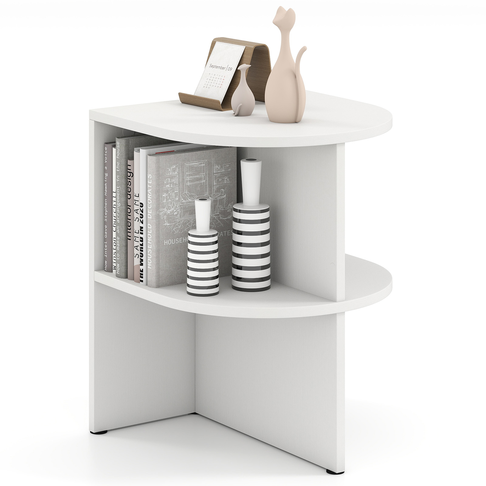 Half Round End Table 2-Tier Half Moon Side Table with Open Shelves-White - Savings Store