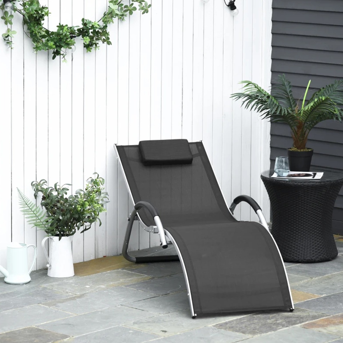 Ergonomic Design Portable Sun Lounger with Removable Pillow - Black - The Garden Savant