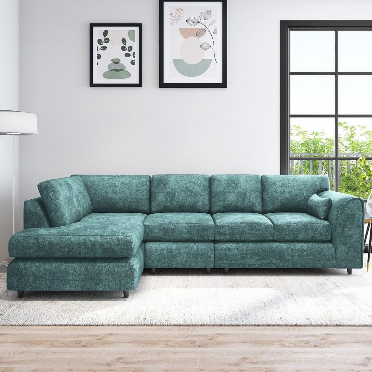 LORVANI Fabric Large 5 Seater L Shaped Fullback Corner Sofa - Teal, Left Hand Facing - Home Done