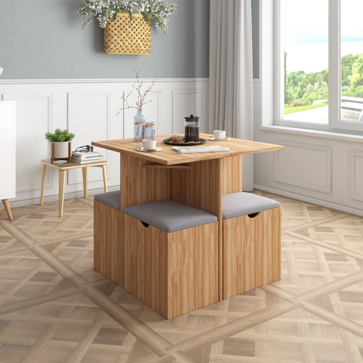 Urban Elegance Wooden Dining Set with 4 Cushioned Stools - Red Oak - Bedroom & More
