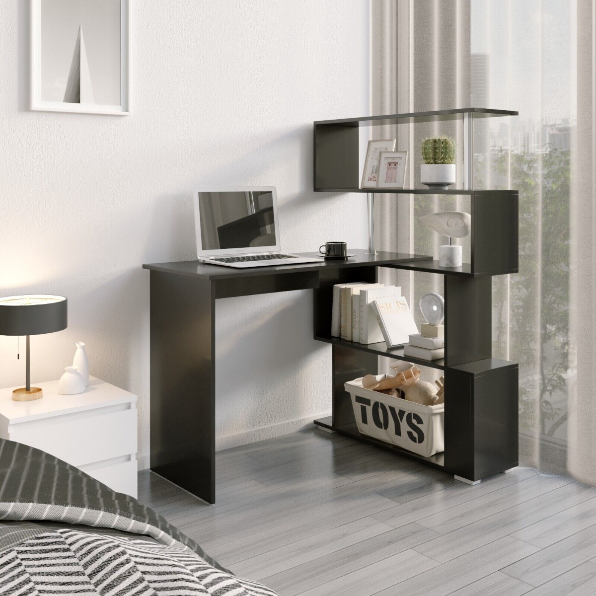 Quantum L Shaped Corner Desk with 360 Rotatable Shelves - Black - Bedroom & More
