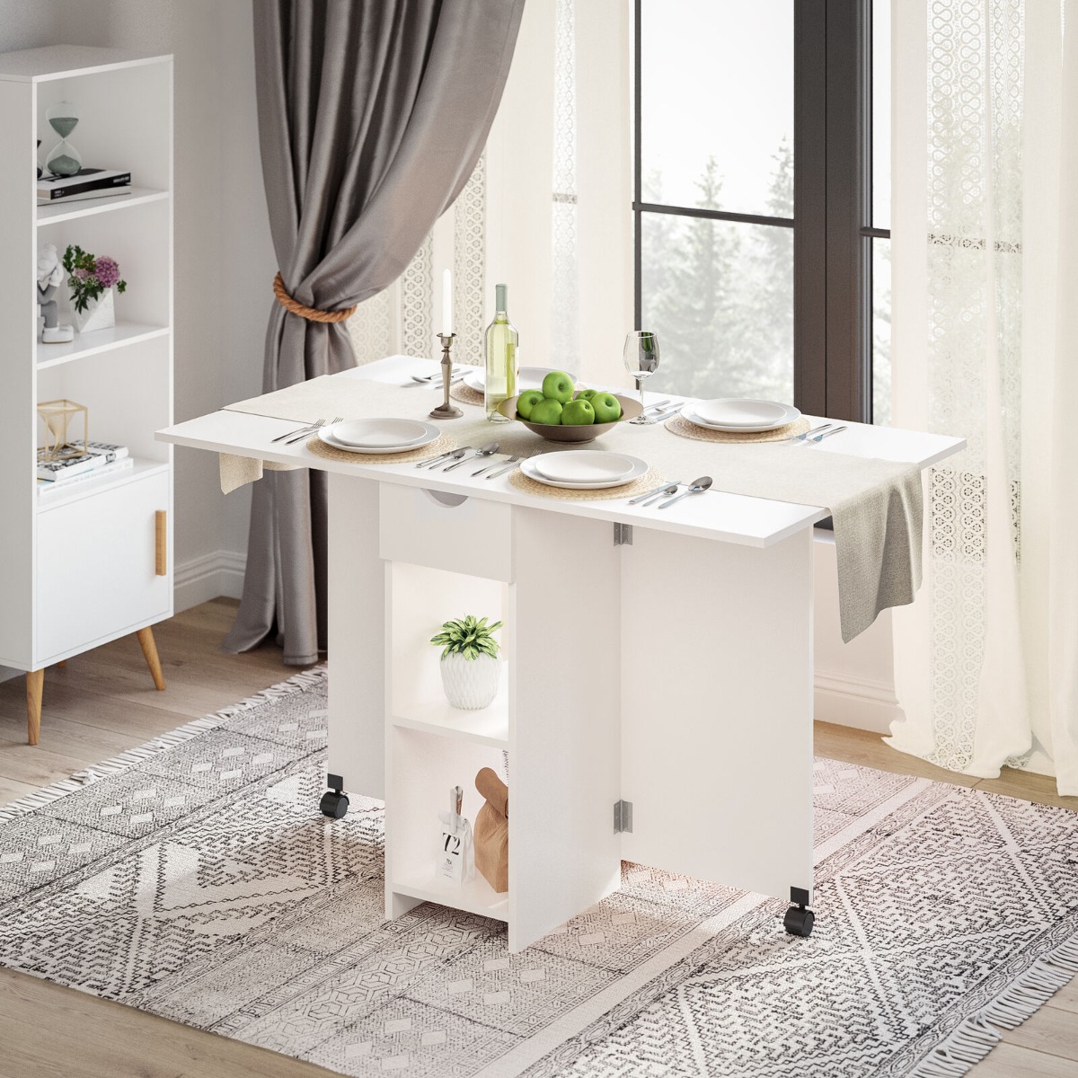 Fold Flex Dining Delight Drop Leaf Table with 1 Drawer 2 Open Storage - White - Bedroom & More