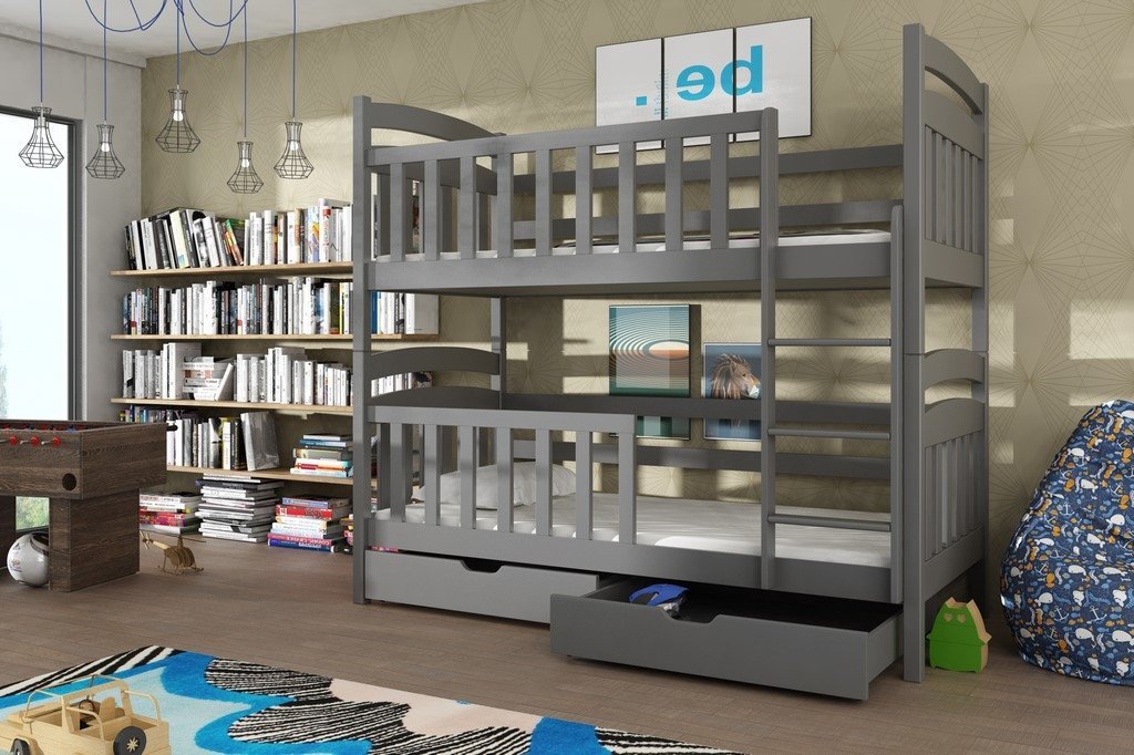SERENA Wooden Bunk Bed with Storage and Foam Mattress - Graphite - Art Nest