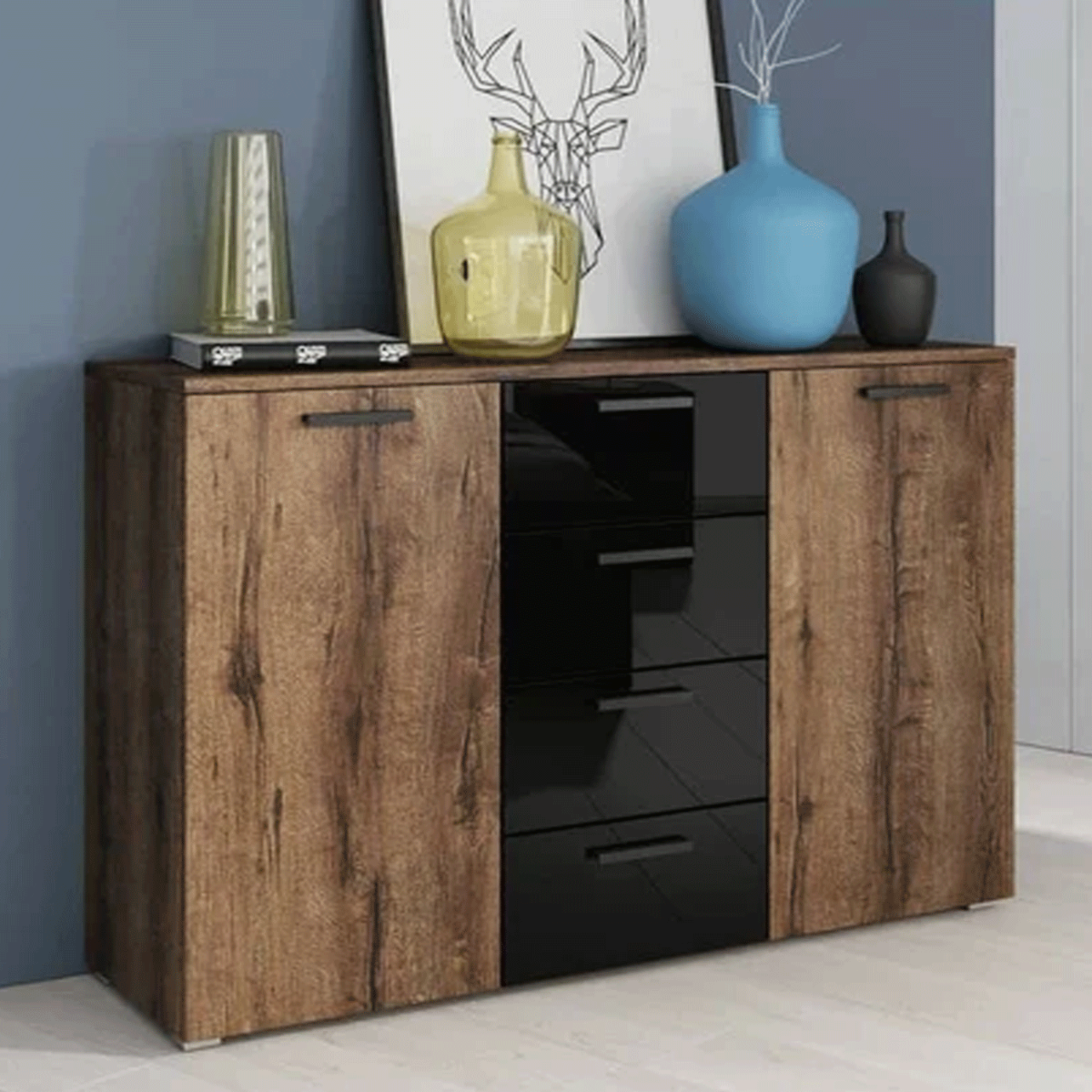 Ephemeral Zen 4 Drawers Sideboard with 2 Doors - Black and Oak - Art Nest
