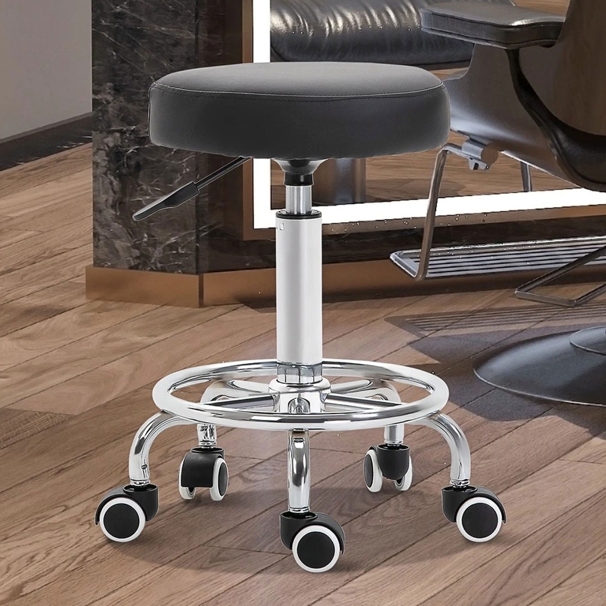 PU Leather Round Stool With Footrest - Black - Aldo & Ehren