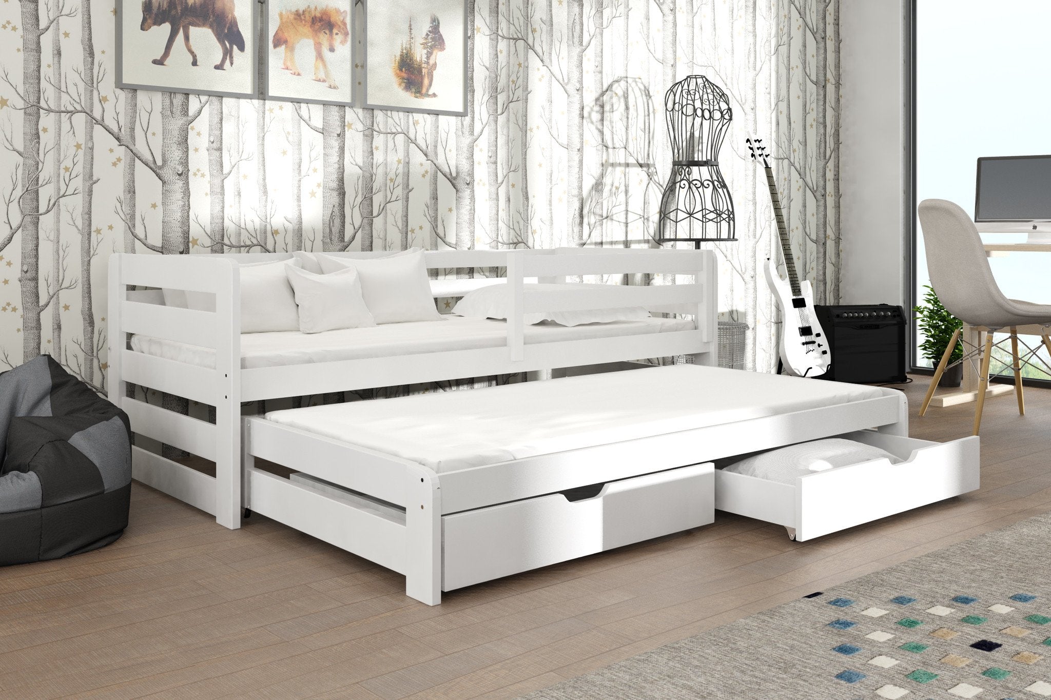 ERIN Wooden 2 Drawers Storage Double Bed with Trundle - White - Art Nest