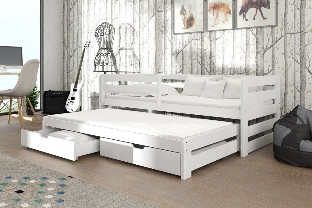 ERIN Wooden 2 Drawers Storage Double Bed with Trundle and Foam Mattress - White - Art Nest