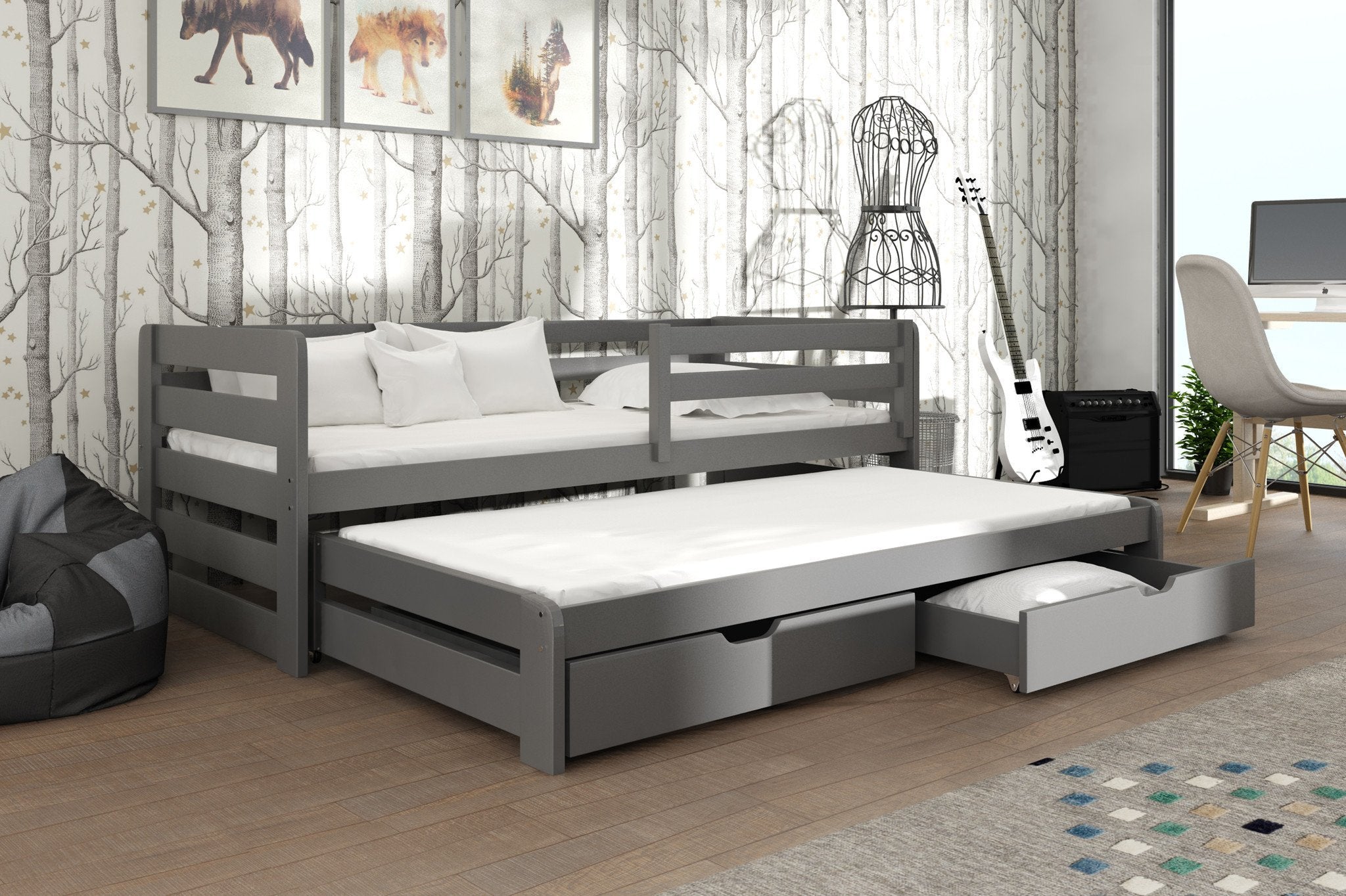 ERIN Wooden 2 Drawers Storage Double Bed with Trundle - Graphite - Art Nest