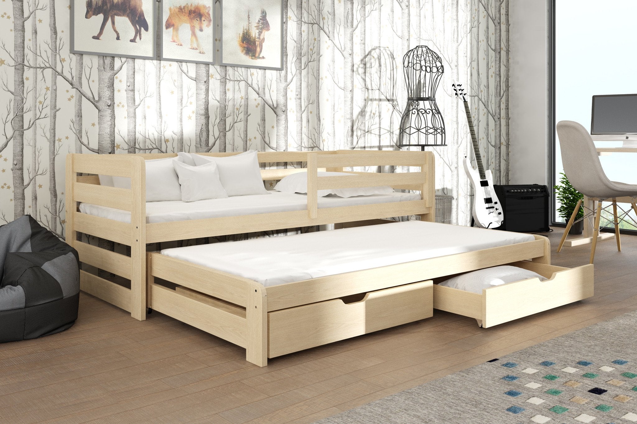 ERIN Wooden 2 Drawers Storage Double Bed with Trundle - Pine - Art Nest