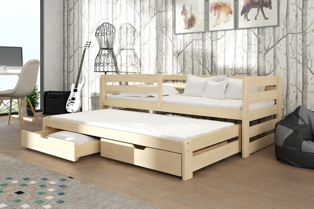 ERIN Wooden 2 Drawers Storage Double Bed with Trundle and Foam Mattress - Pine - Art Nest