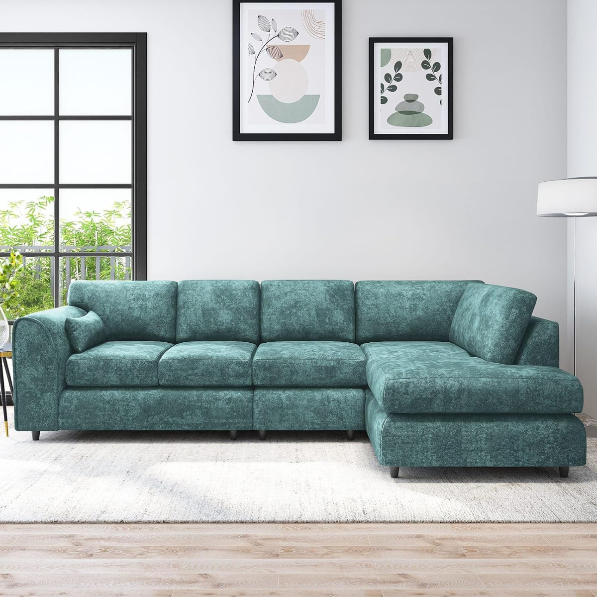 LORVANI Fabric Large 5 Seater L Shaped Fullback Corner Sofa - Teal, Right Hand Facing - Home Done