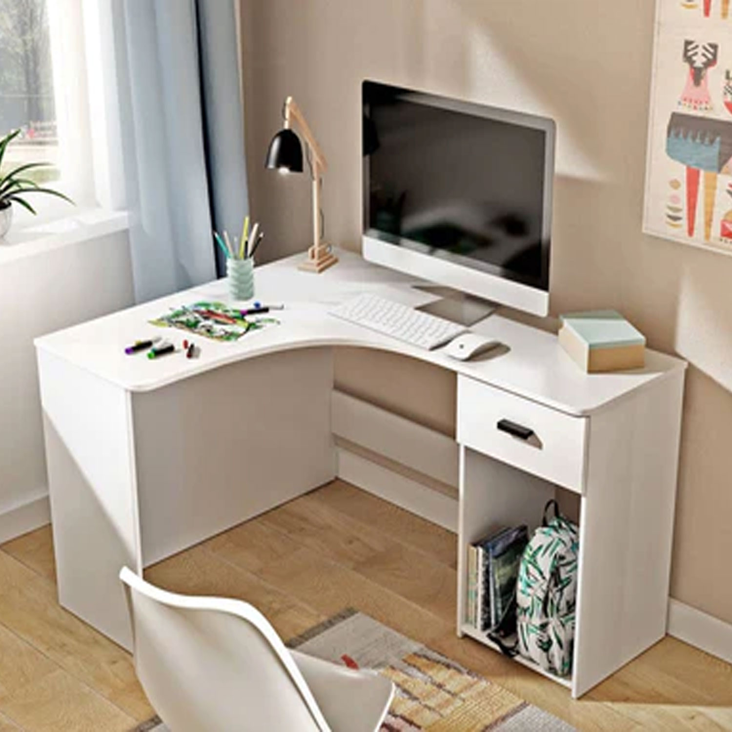 Opulent Orbit Corner Desk with 1 Drawer - White - Art Nest