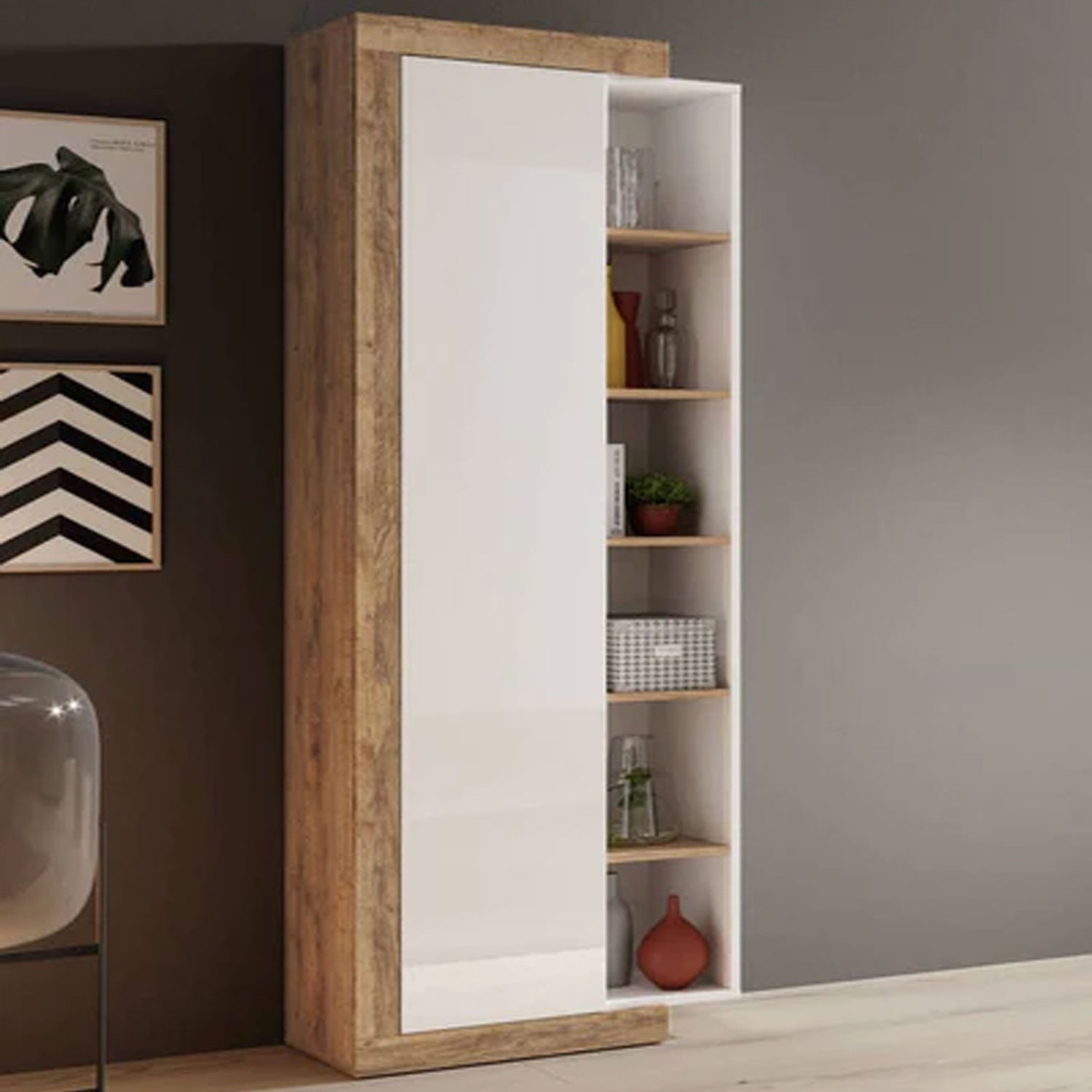 Cynosure Crest Tall Cabinet - White and Oak - Art Nest