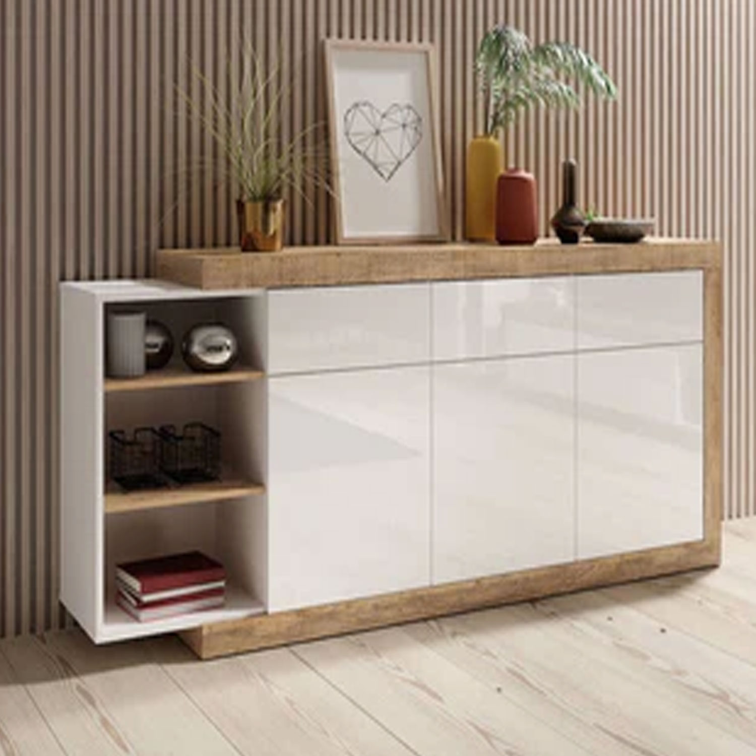 Cynosure Crest Sideboard with 3 Doors - White and Oak - Art Nest
