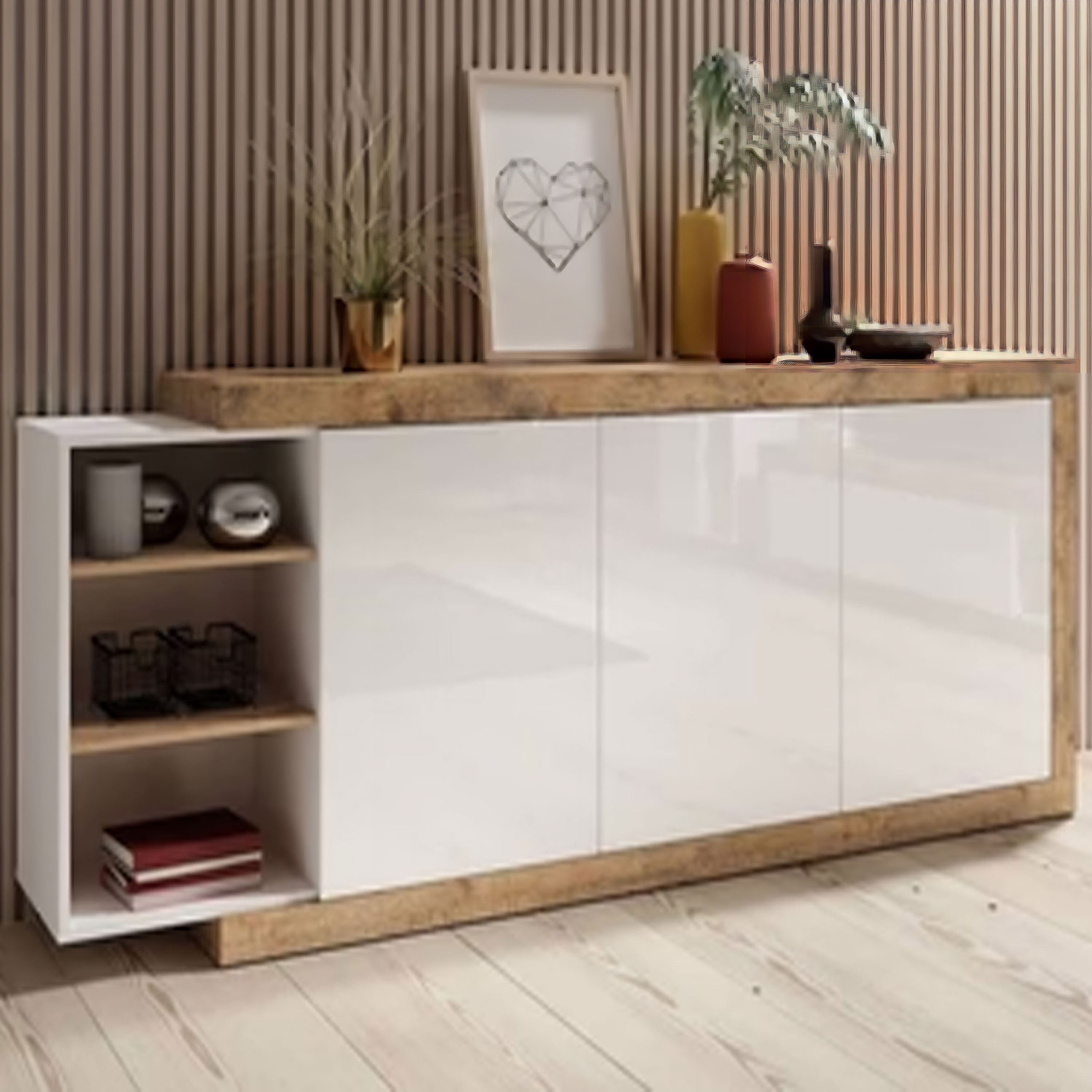 Cynosure Crest Sideboard with 3 Open Shelf - White and Oak - Art Nest