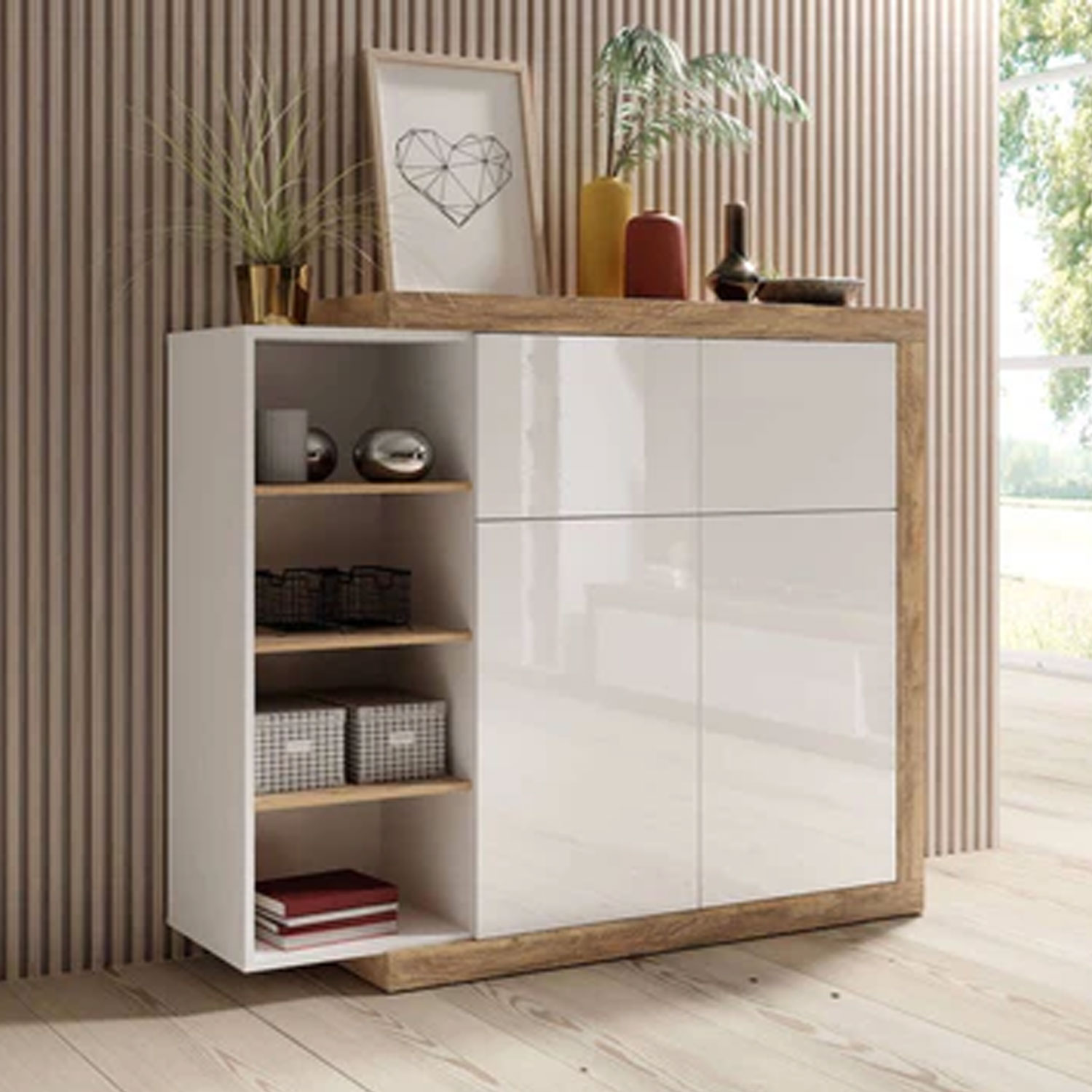 Cynosure Crest Sideboard with 2 Doors - White and Oak - Art Nest