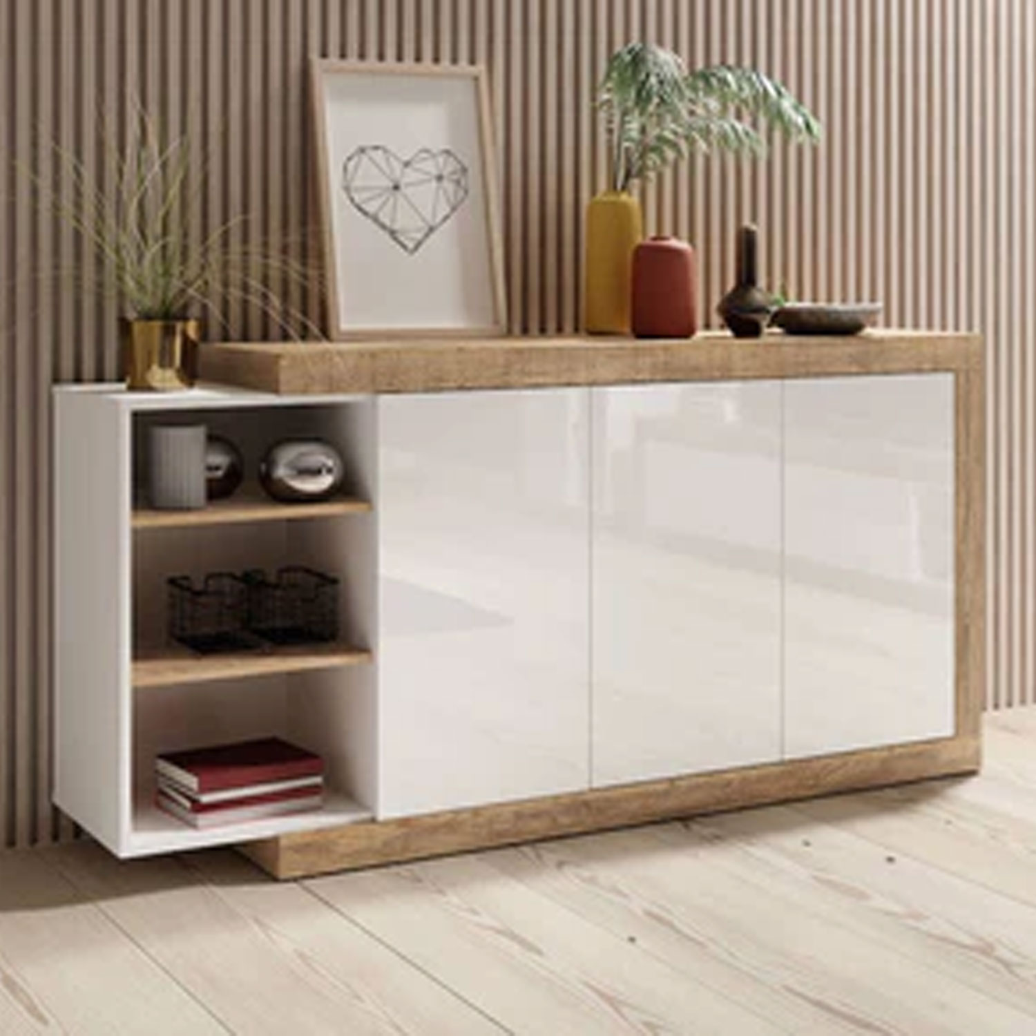Cynosure Crest 3 Door Sideboard with Open Compartment - White and Oak - Art Nest