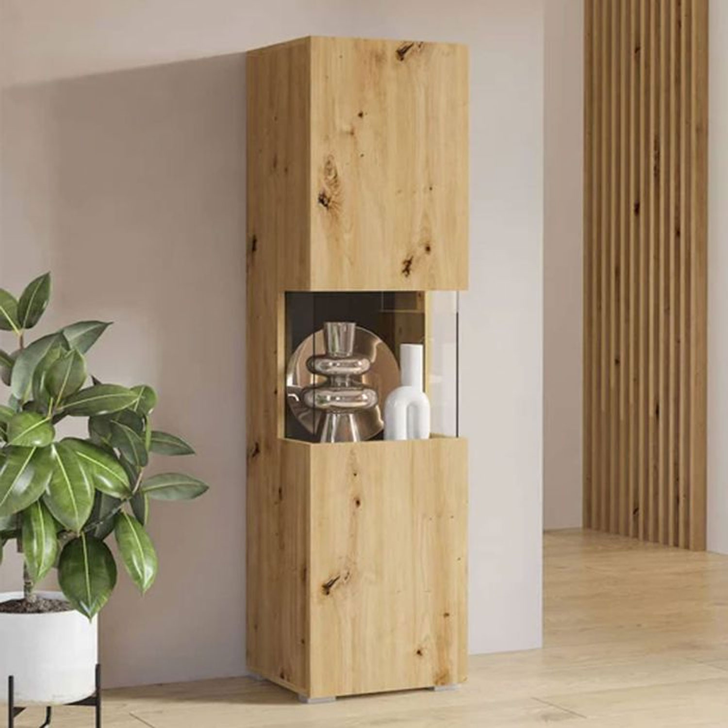 Cynosure Crest Tall Display Cabinet with Partially Glazed Door - Oak - Art Nest