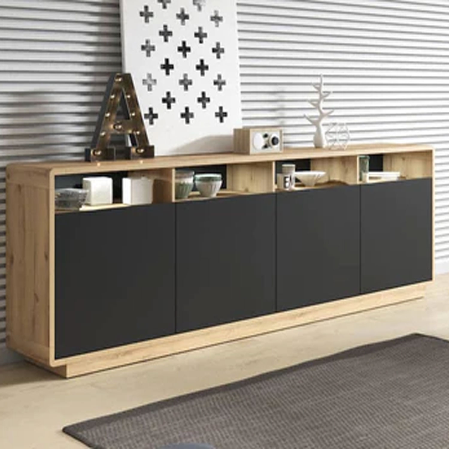 Zion Zenith Sideboard with 4 Doors - Oak and Black - Art Nest